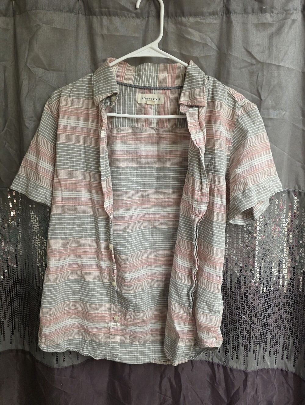 Aeropostale Men’s Short Sleeve Striped Button-Down Shirt - Pink & Gray